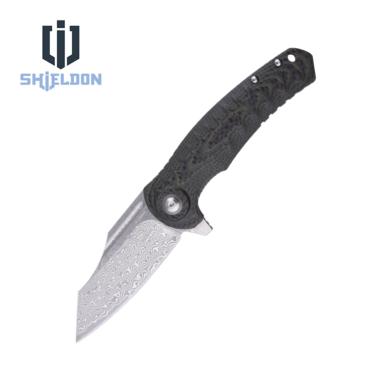 Shieldon Folding Pocket Knife 9Cr18Mov 67-Layer Damascus Steel Blade G10 + Carbon Fiber Handle 7093D