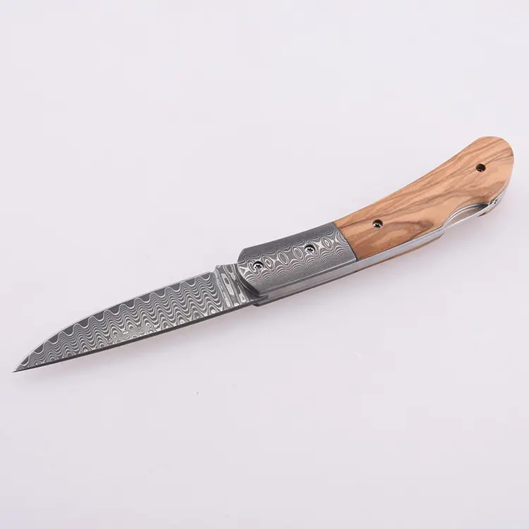 Coltello tascabile pieghevole OEM Lama di Damasco Manico in legno d'ulivo GC-51D-OL