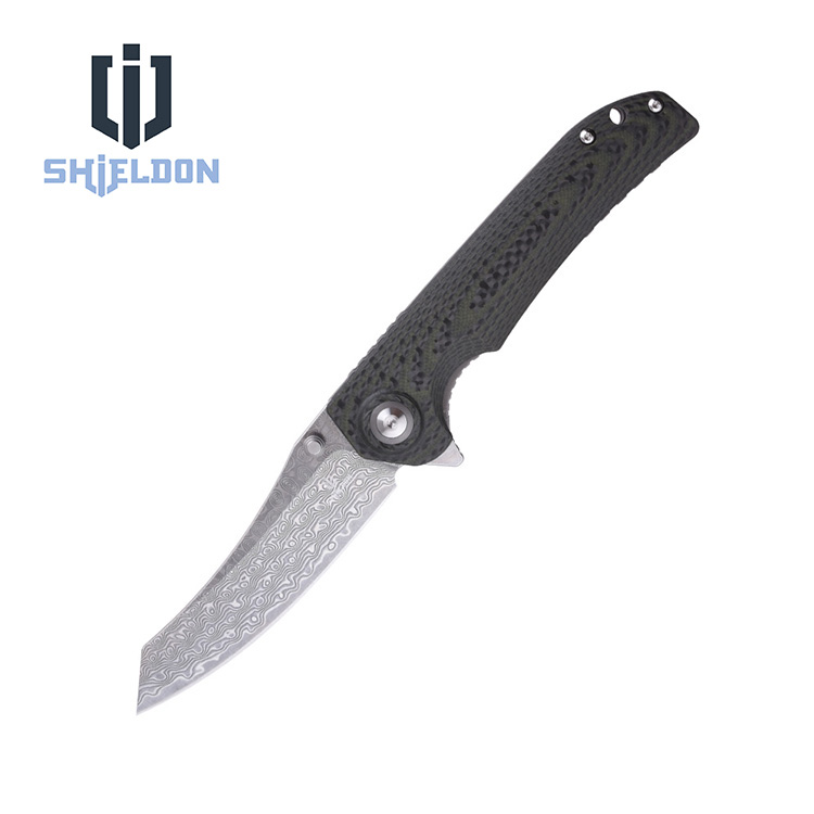 Shieldon Folding Pocket Knife Tortank 9Cr18Mov 67-Layer Damascus Steel Blade G10 + Carbon Fiber Handle 7091D