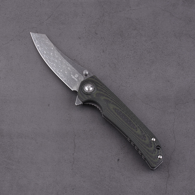 Canivete dobrável Shieldon Tortank 9Cr18Mov Lâmina de aço damasco de 67 camadas G10 + cabo de fibra de carbono 7091D