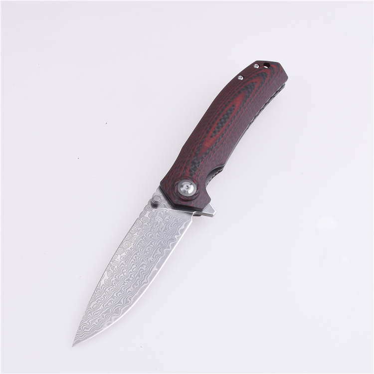 Couteau de poche pliant Shieldon 9Cr18Mov Lame en acier damas 67 couches G10 + manche en fibre de carbone 7092D1