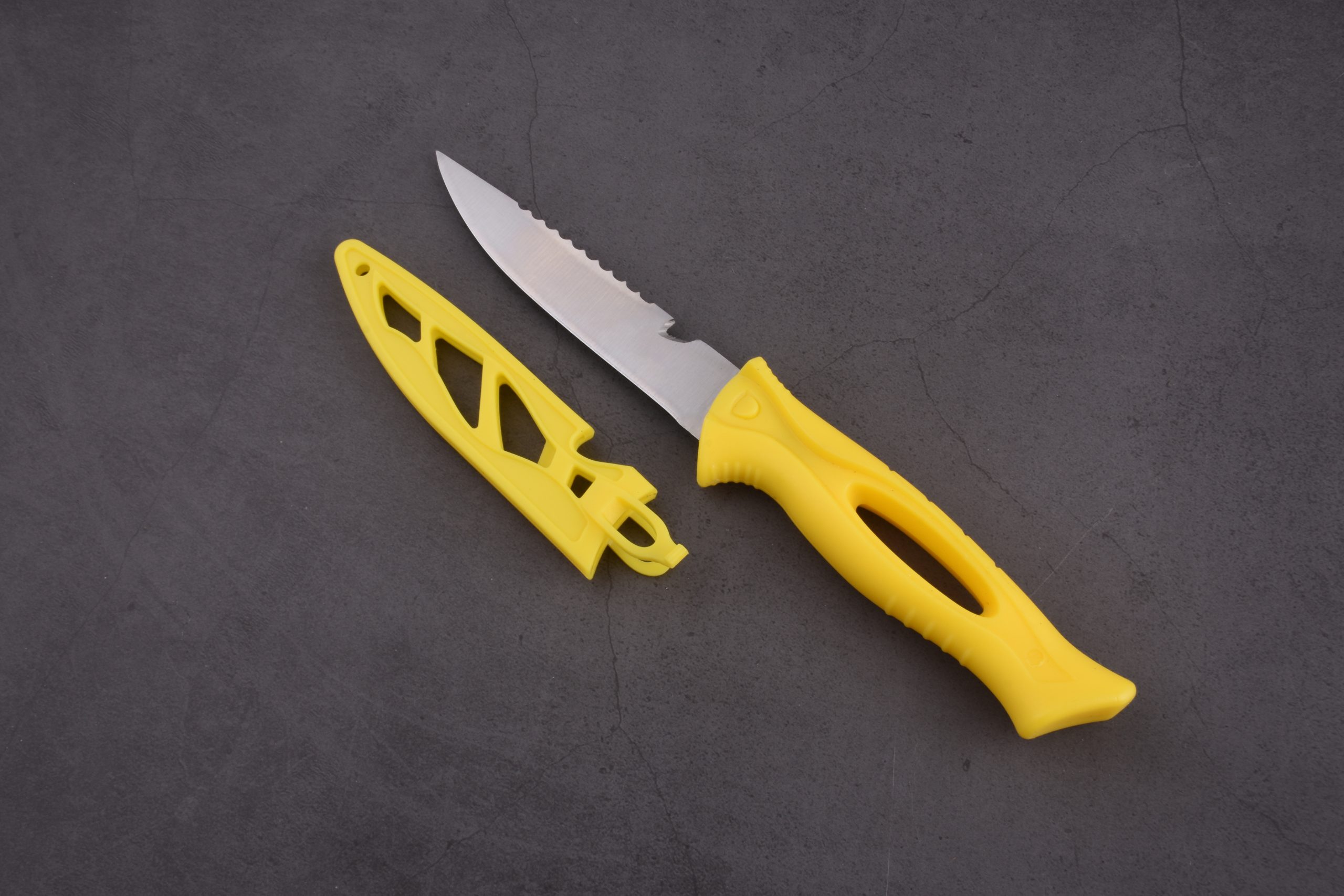 Coltello da pesca fisso OEM 3Cr13 lama manico in PP con guaina in PP giallo FX-22652-A