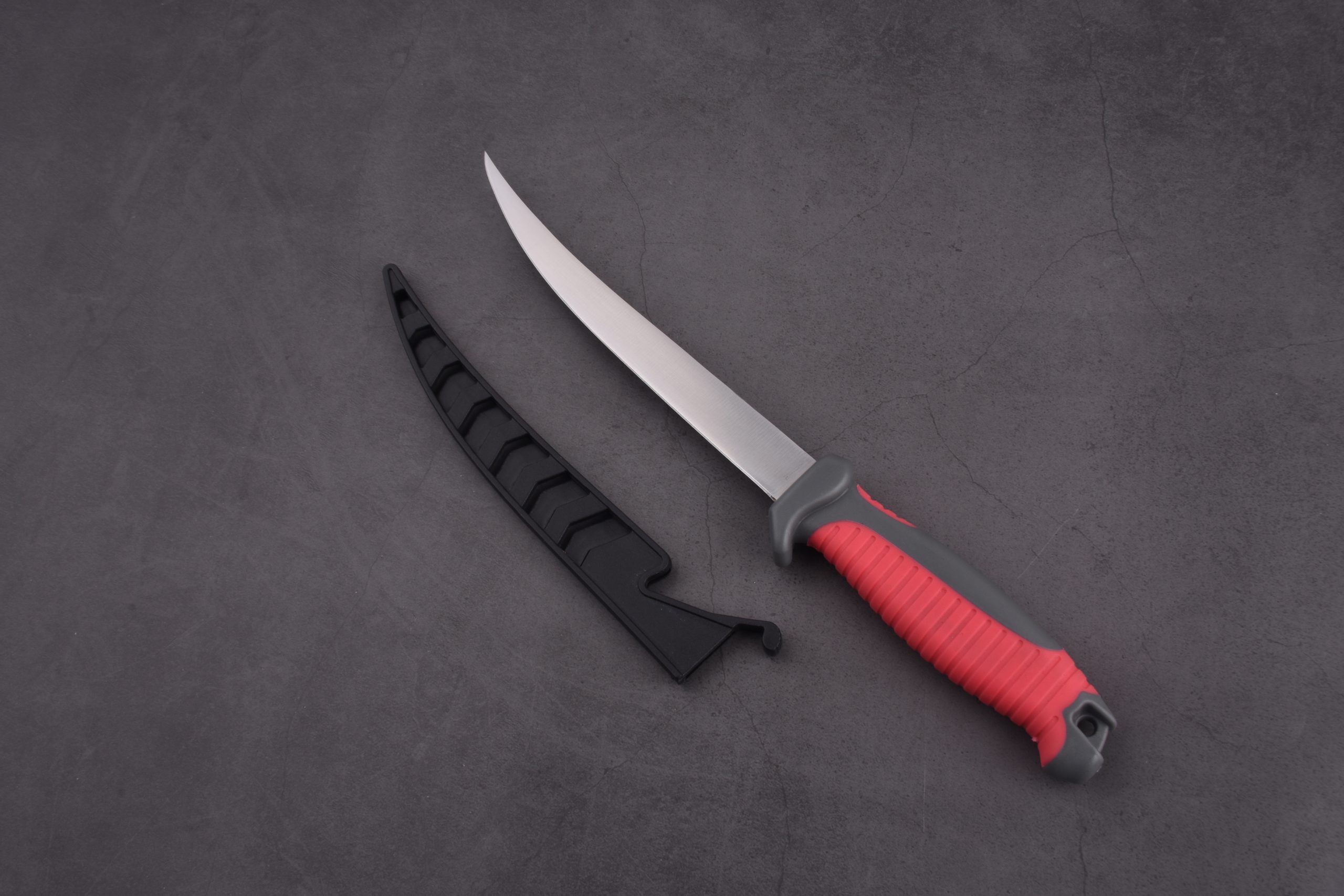OEM Fixed Fishing Knife 3Cr13 Blade PP + TPR Handle dengan PP sheath hitam & merah FX- 22654