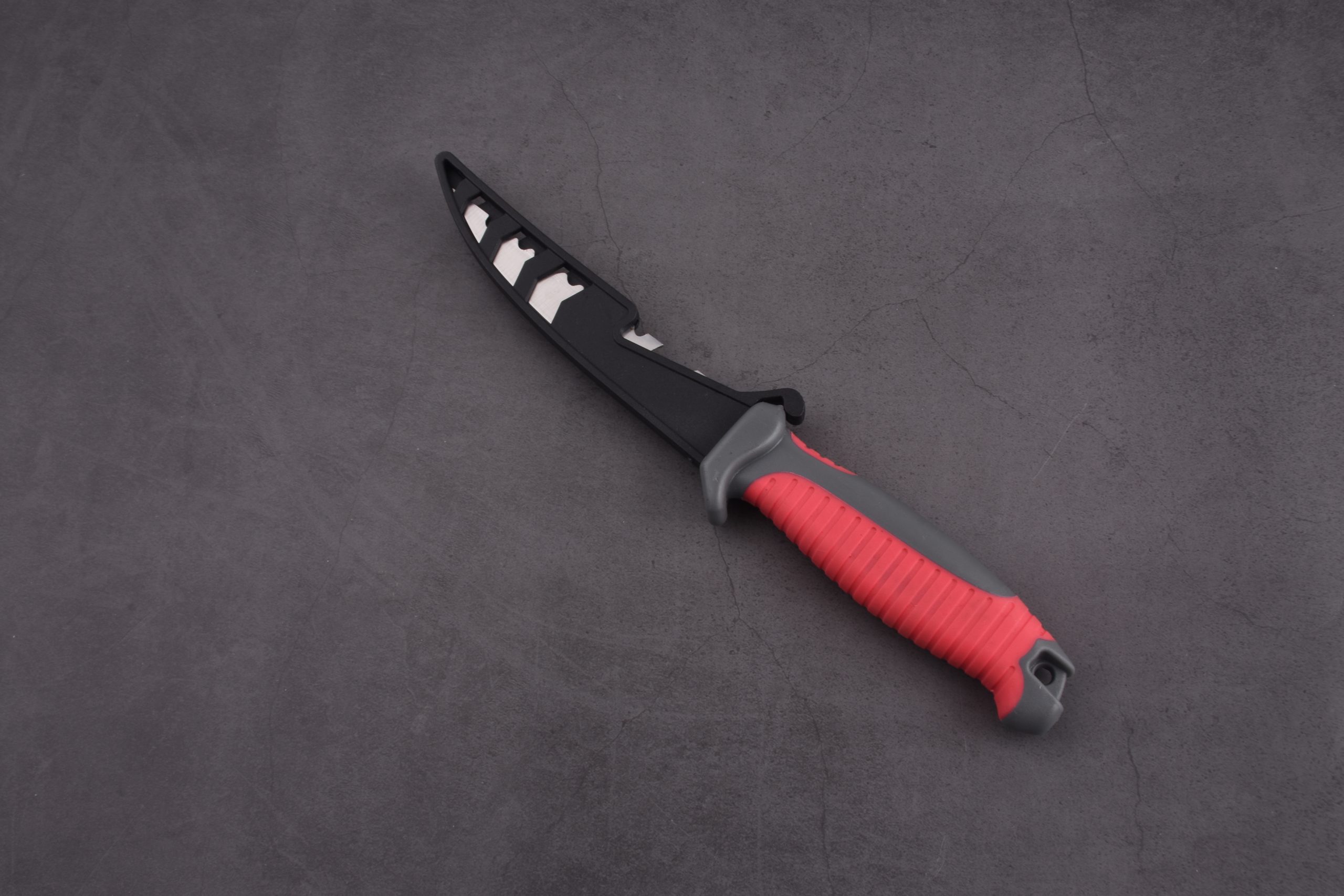 OEM Fixed Fishing Knife 3Cr13 Blade PP + TPR Handle dengan PP sheath hitam & merah FX-22654-05