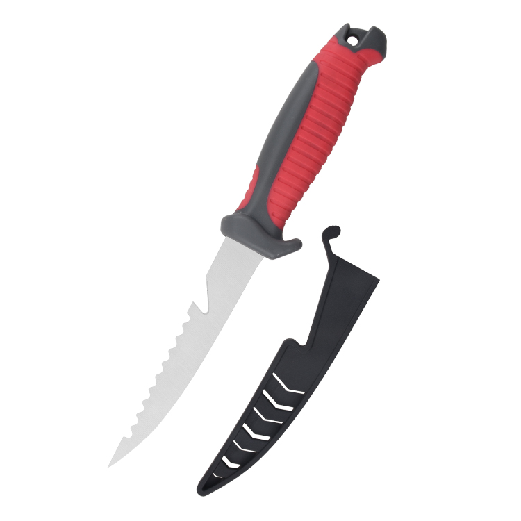 OEM Fixed Fishing Knife 3Cr13 Blade PP + TPR Handle dengan PP sheath hitam & merah FX-22654-05