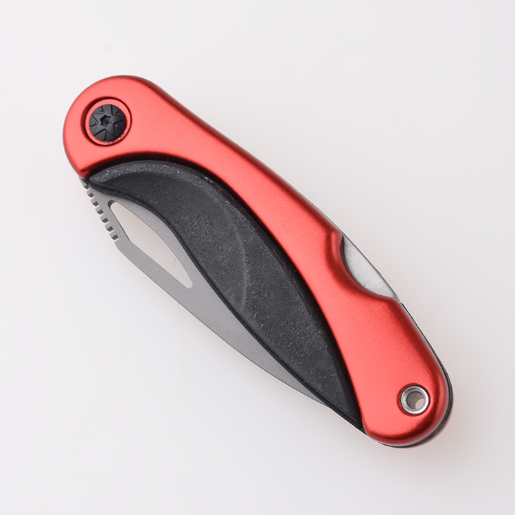Folding knife red coating stainless steel + plastic handle serrated