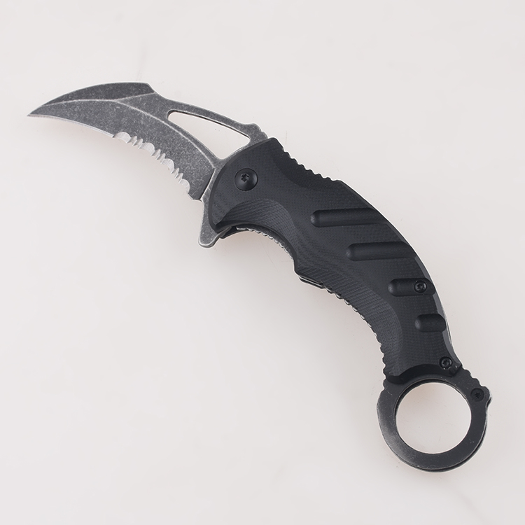 OEM folding knives Hawkbill blade neck semi-serrated cutting blackened stonewash FR-0502