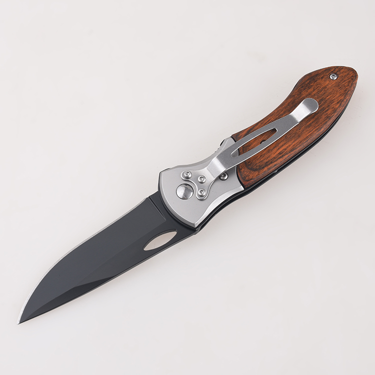 Складные ножи OEM, черненое лезвие, нержавеющая сталь, деревянная инкрустированная ручка, отверстие для большого пальца, открытое FR-0516