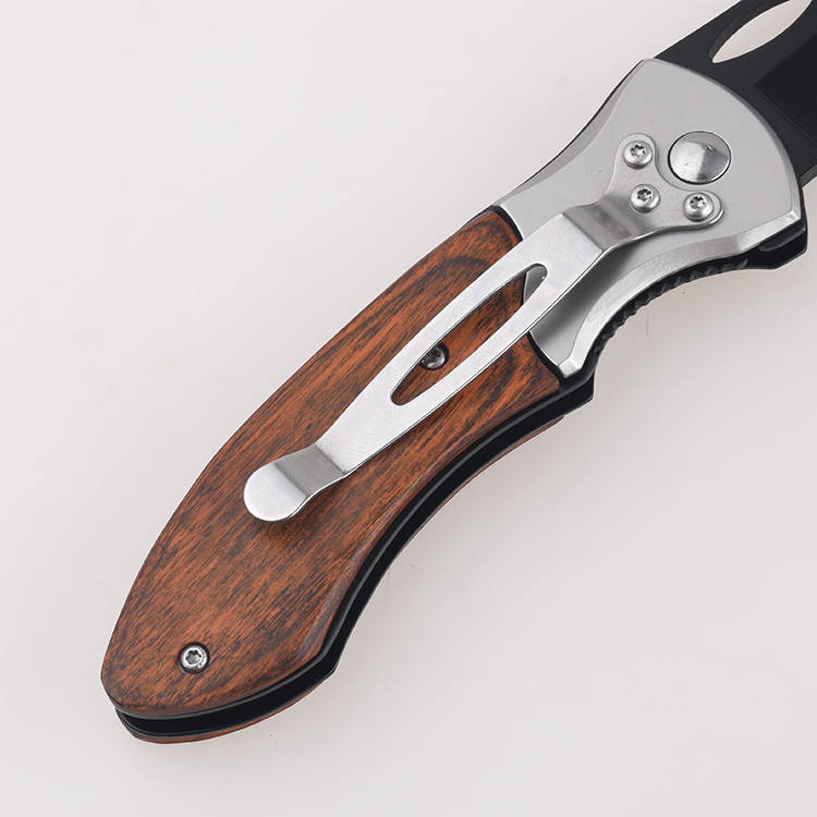 Cuchillos plegables OEM hoja ennegrecida acero inoxidable mango con incrustaciones de madera orificio para el pulgar abierto FR-0516