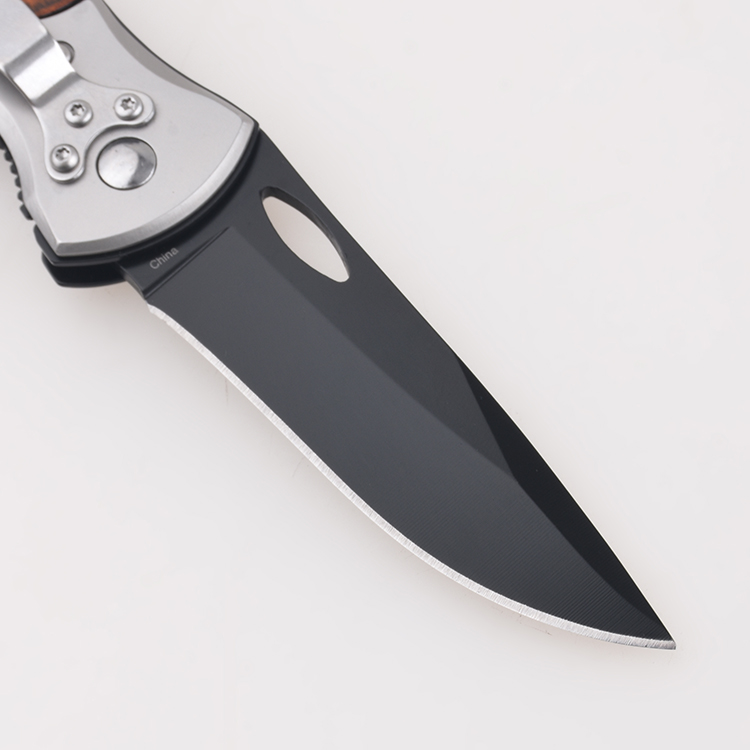 OEM folding knives blackened blade stainless steel wood inlayed handle thumb hole open FR-0516