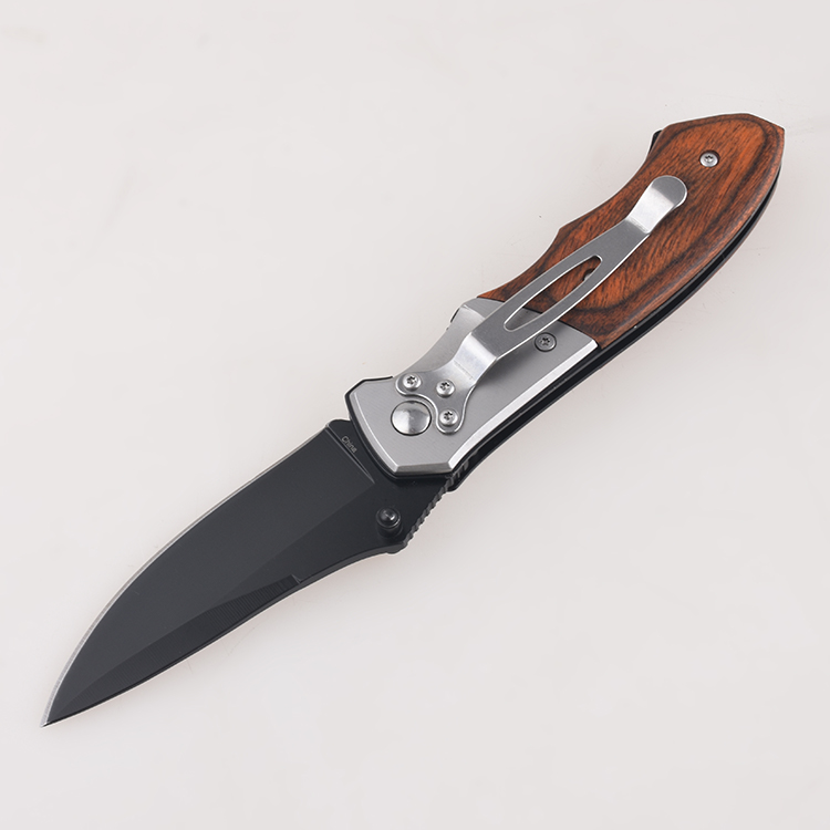 OEM cuchillos plegables hoja ennegrecida acero inoxidable color mango de madera perno prisionero abierto FR-0515