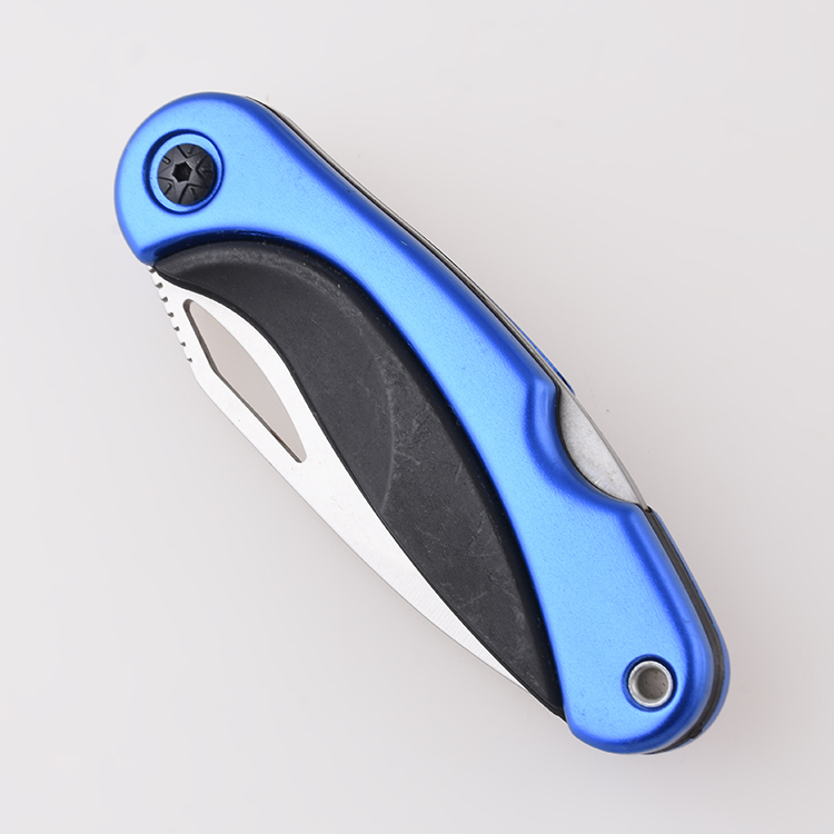 Cuchillos plegables OEM revestimiento azul acero inoxidable + mango PP hoja dentada lockback HF-KS19