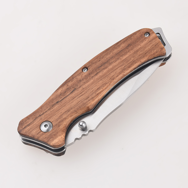 Coltelli pieghevoli OEM classico manico in legno lama satinata foro per cordino aperto FR-0513