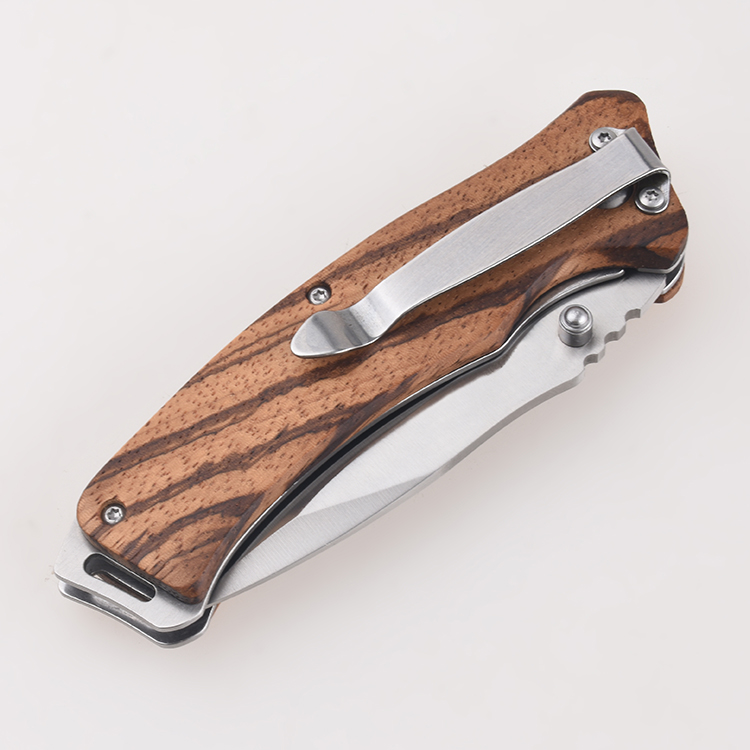 Couteaux pliants OEM manche en bois classique lame en satin goujon de pouce trou de lanière ouvert FR-0513