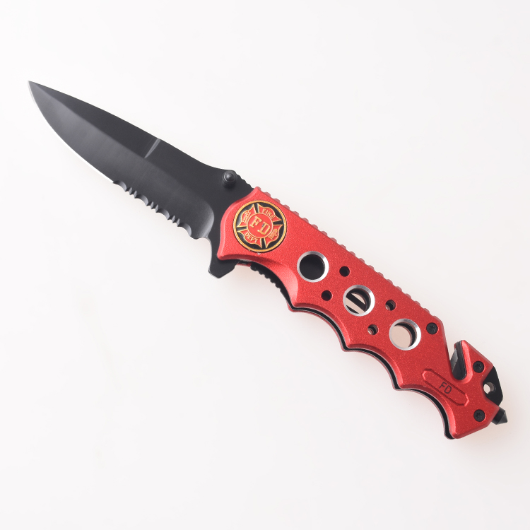 Складные ножи OEM, кусачки для проволоки, спасательный молоток, полузубчатое лезвие, ручка с красной оболочкой FR-0507