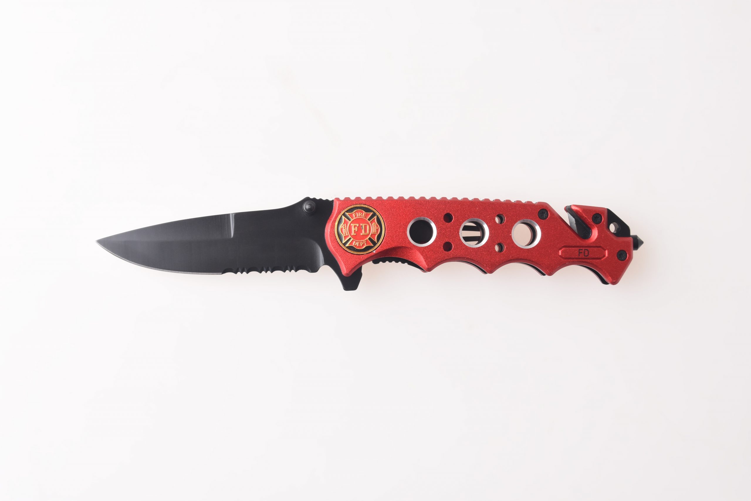 Pisau lipat OEM pemotong kawat kehidupan palu pisau semi bergerigi merah cladding handle FR-0507
