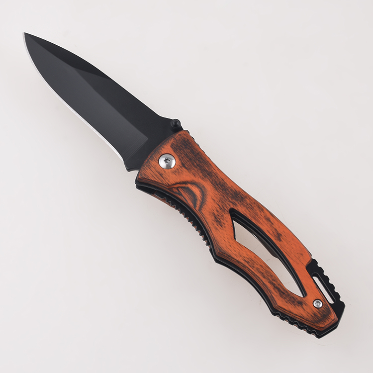 OEM folding knives wooden handle hollow lanyard hole blackened drop point blade FR-0508