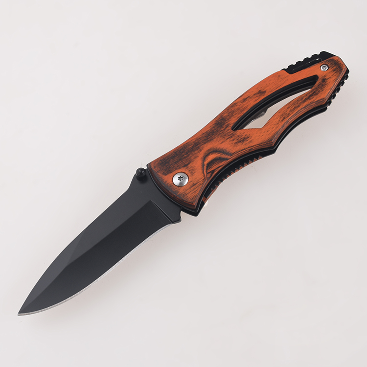 OEM folding knives wooden handle hollow lanyard hole blackened drop