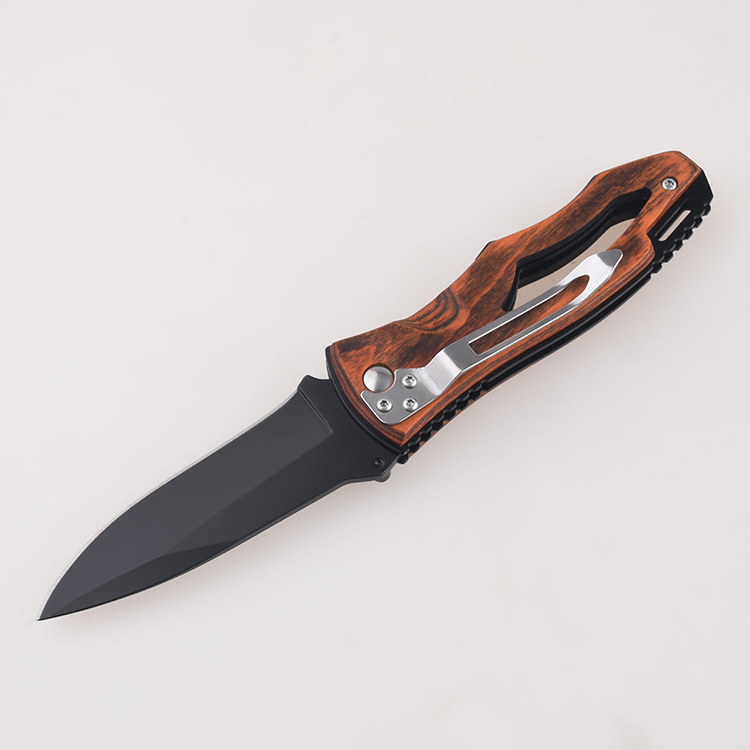 OEM folding knives wooden handle hollow lanyard hole blackened drop