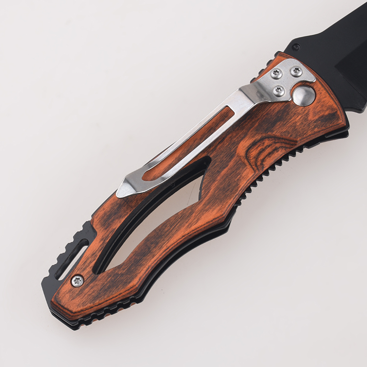 OEM folding knives wooden handle hollow lanyard hole blackened drop