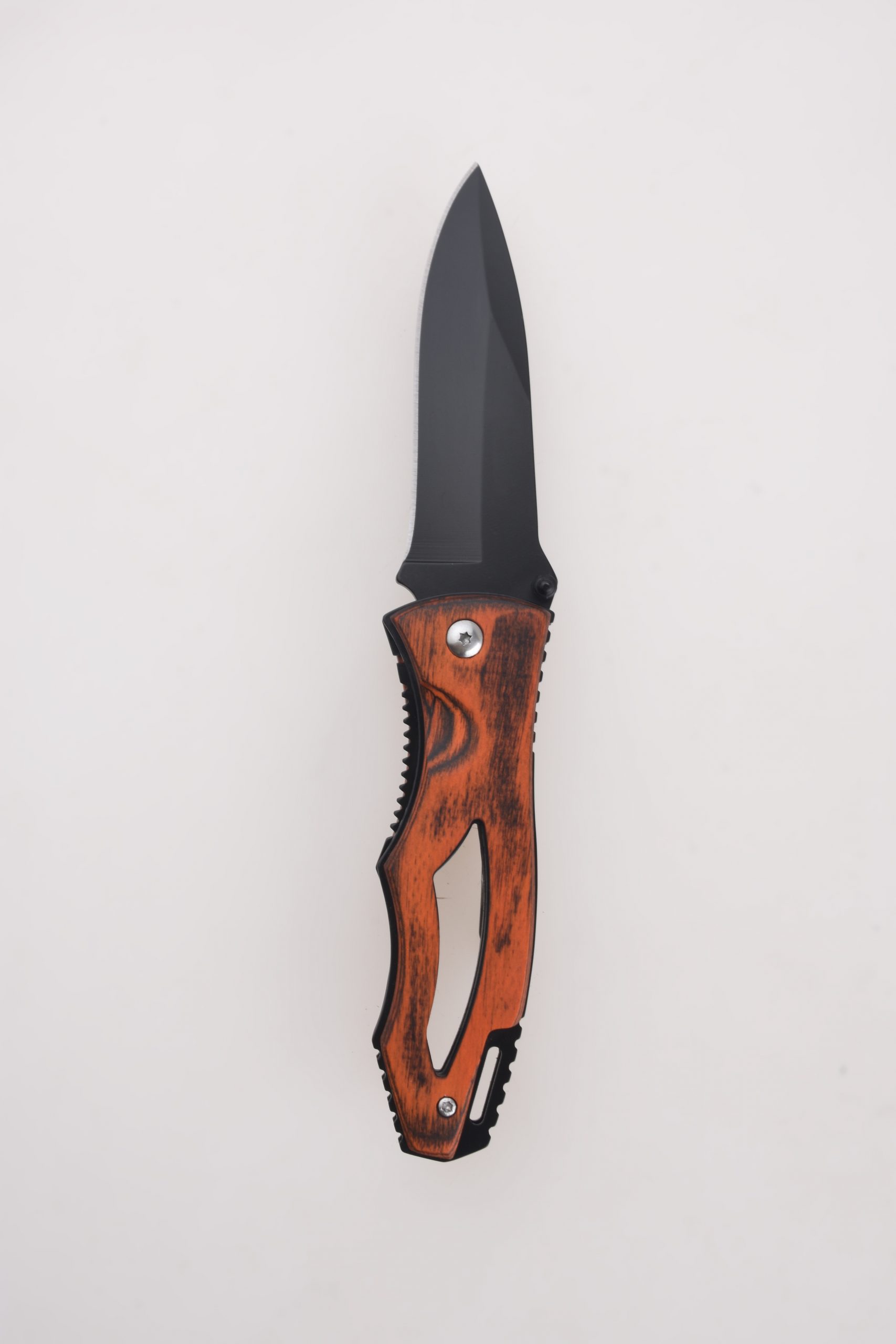 Coltelli pieghevoli OEM manico in legno foro per cordino cavo lama a goccia annerita FR-0508